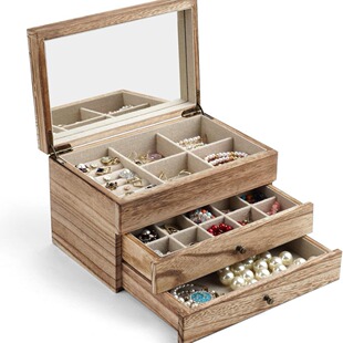Solid Wood Jewelry Box Double Layers Women Jewelry Jewelry Box Wooden Display Vintage Box with Mirror and Ring Tray