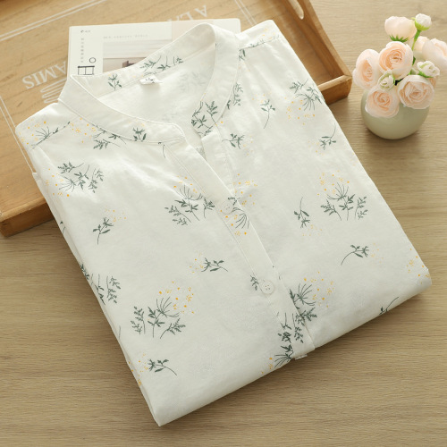 New Short-Sleeve Shirt with Double-layer Cotton Fabric, Fresh and Sweet V-Neck, Small Floral and Polka Dot Pure Cotton Blouse for Women