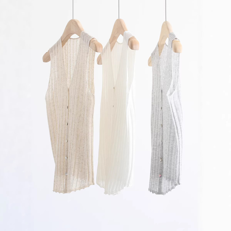 Spring and Summer French-Style British Transparent Hollow-Out Sleeveless Knit Vest Single-Breasted Tencel Linen Thin Top for Women