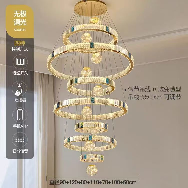 リビングルームの大型シャンデリア、モダンでシンプルな中空多層階段照明器具、二階建てのヴィラクリスタルシャンデリア|undefined