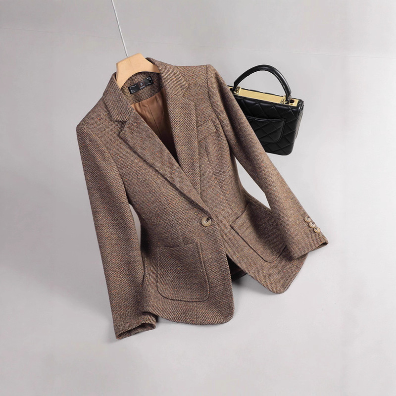 Houndstooth Woolen Suit Jacket for Women Autumn and Winter 2025 New Style Small High-End Thickeneded Casual Woolen Suit