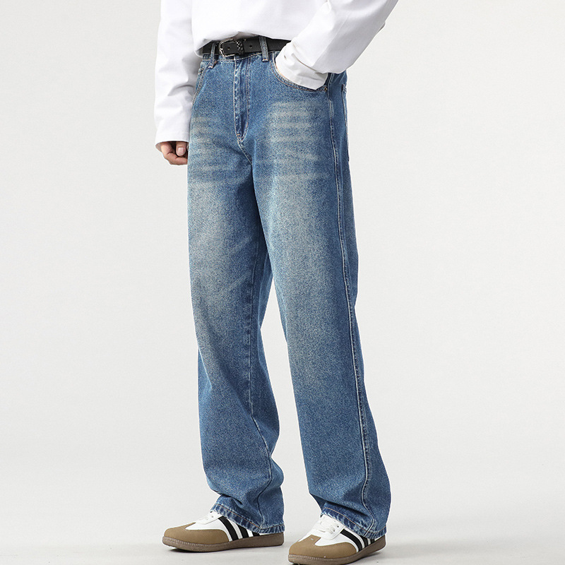 American Retro Classic Vintage Blue Jeans for Men, High Street Trendy Brand, Loose Straight-Leg Casual Trousers for Teenagers