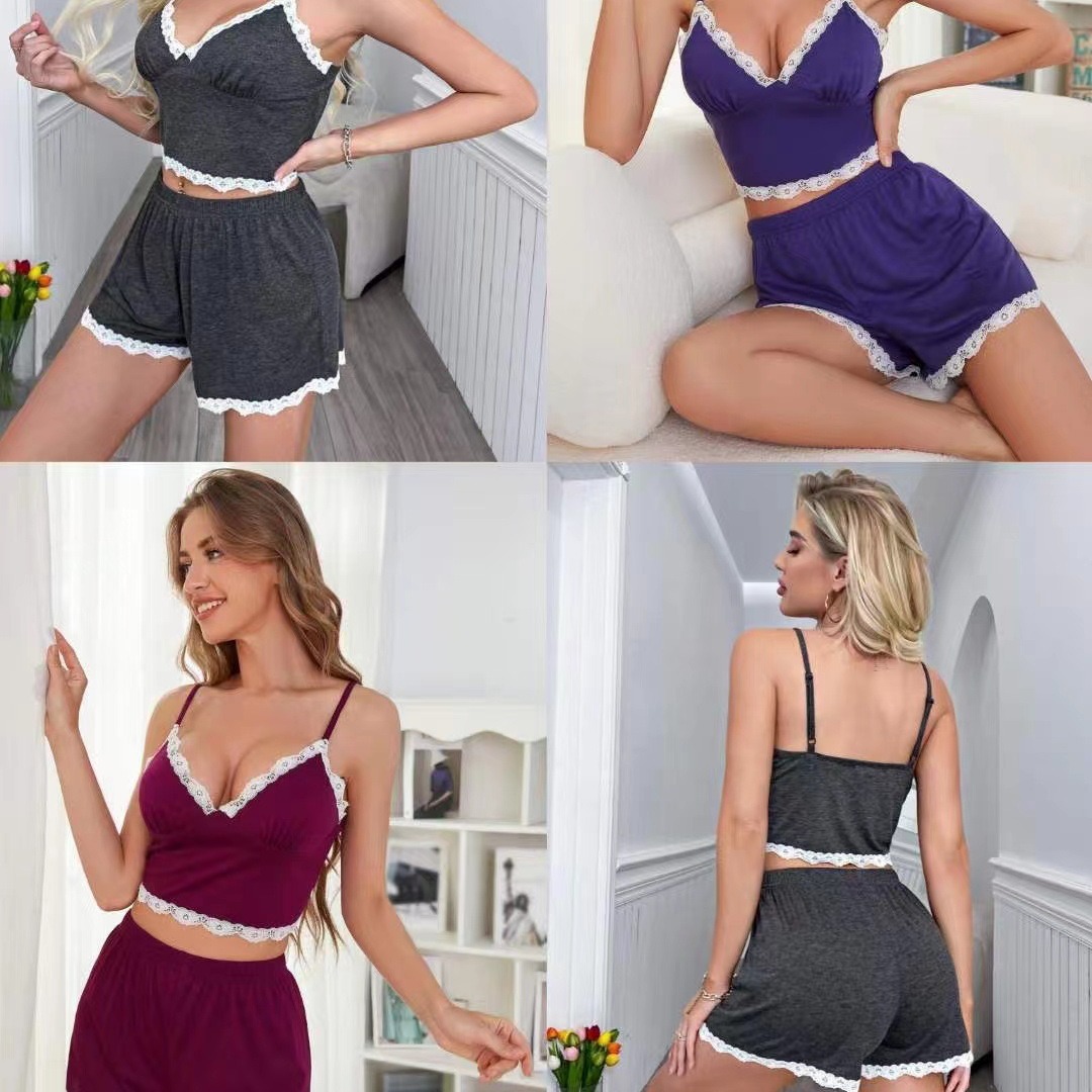 Cross-border Amazon European and American-style women's summer V-neck slip dress with lace, sexy loungewear set for foreign trade independent websites.