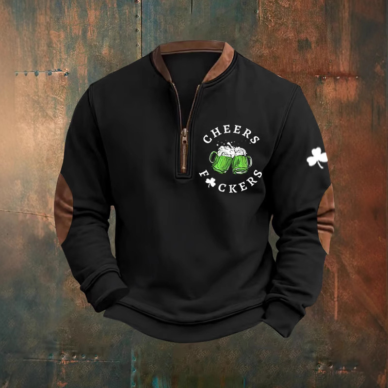 European and American Cross-Border Men's St. Patrick's Day Cheers Green Beer Clover Print Casual Zipper Pullover