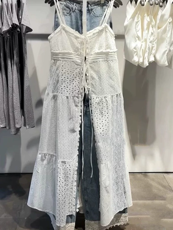 Французское ретро белое кружевное платье на подтяжках для женщин, летнее многослойное платье в стиле морского курорта, длинная юбка феи