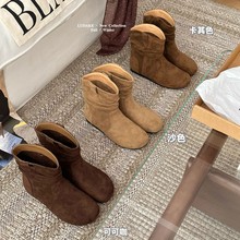 巴迪雅女鞋2024秋冬款欧洲站复古套筒堆堆靴圆头磨砂短靴