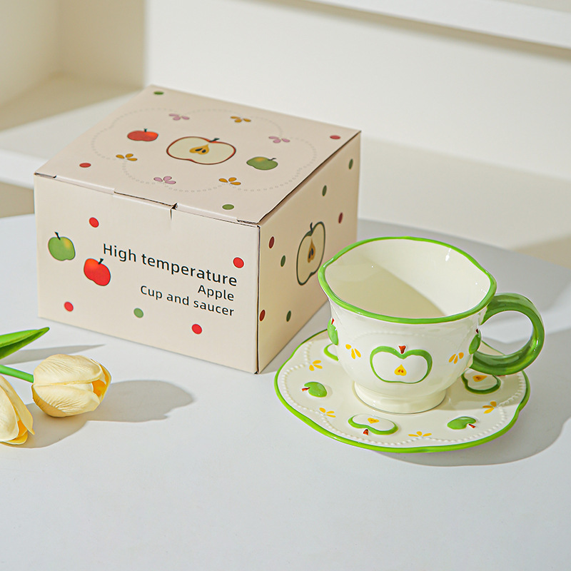Tazas de café de cerámica de manzana, plato, taza de marca, diseño de relieve pintado a mano original, taza de agua, taza de leche de desayuno