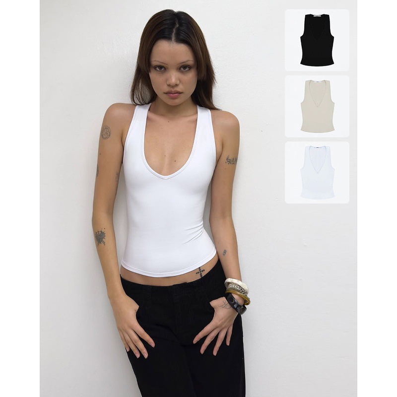 现货美式辣妹Tankair深V领工字背心上衣纯欲修身运动健身吊带女