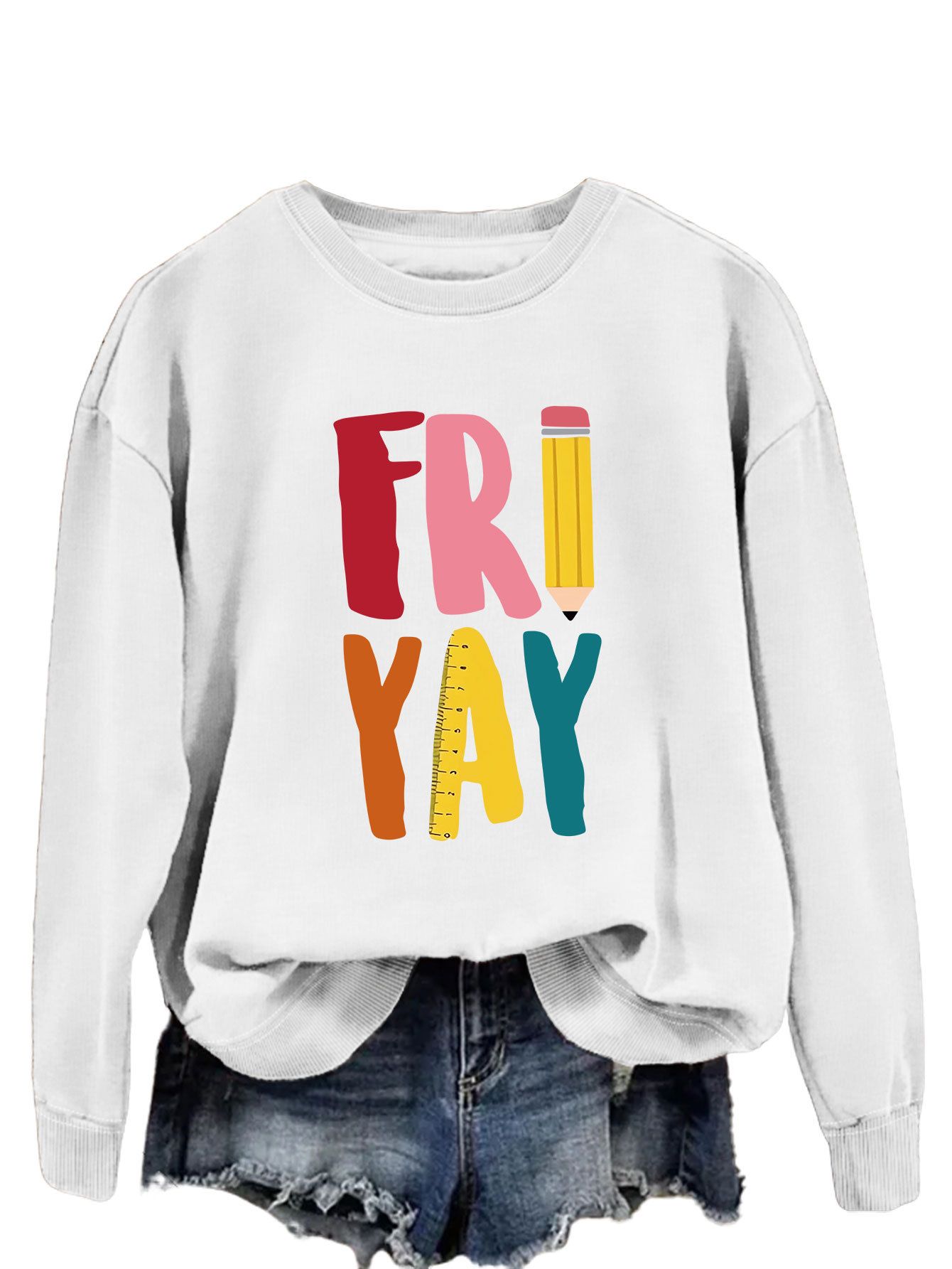 Estación independiente de moda Suelta todo fósforo superior FRI YAY lápiz divertido carta de impresión camisa de manga larga de las mujeres suéter