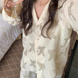 实拍2023秋季新款棉纱韩版卡通兔子休闲长袖长裤睡衣套装家居服女