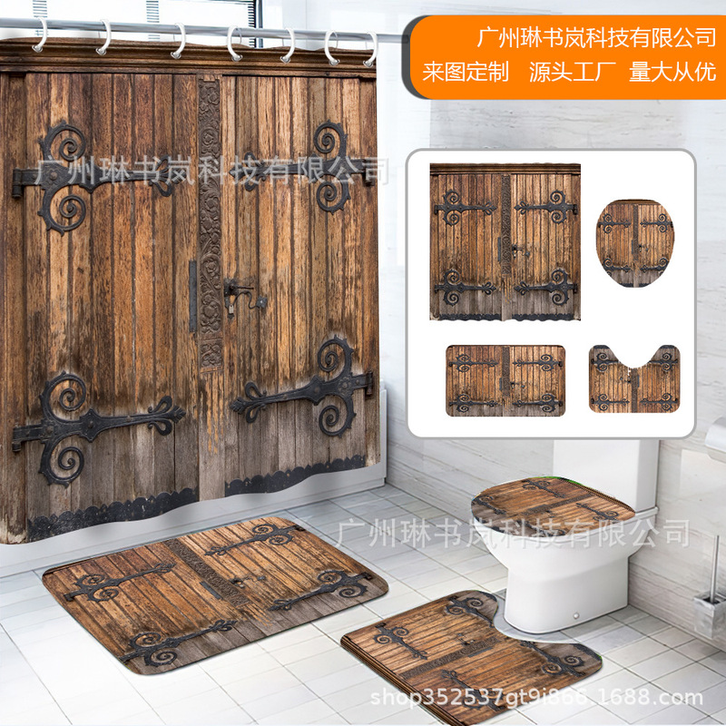 Amazon Temu Best-Selling North American Barn Wood Door Polyester Digital Print Shower Curtain Four-Piece Set Partition Bathroom Curtain