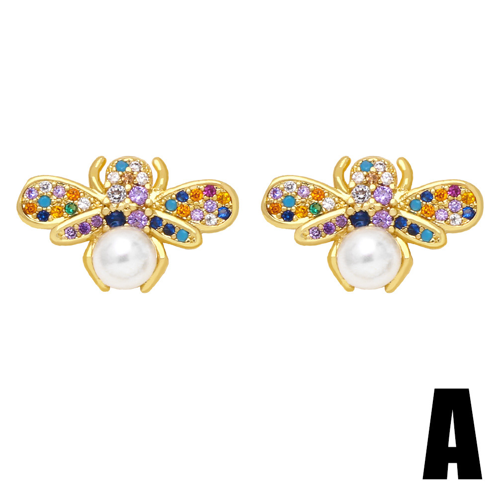 Fashion Creative Colorful Zircon Inlaid Pearl Little Bee Flamingo Ear Studs display picture 3