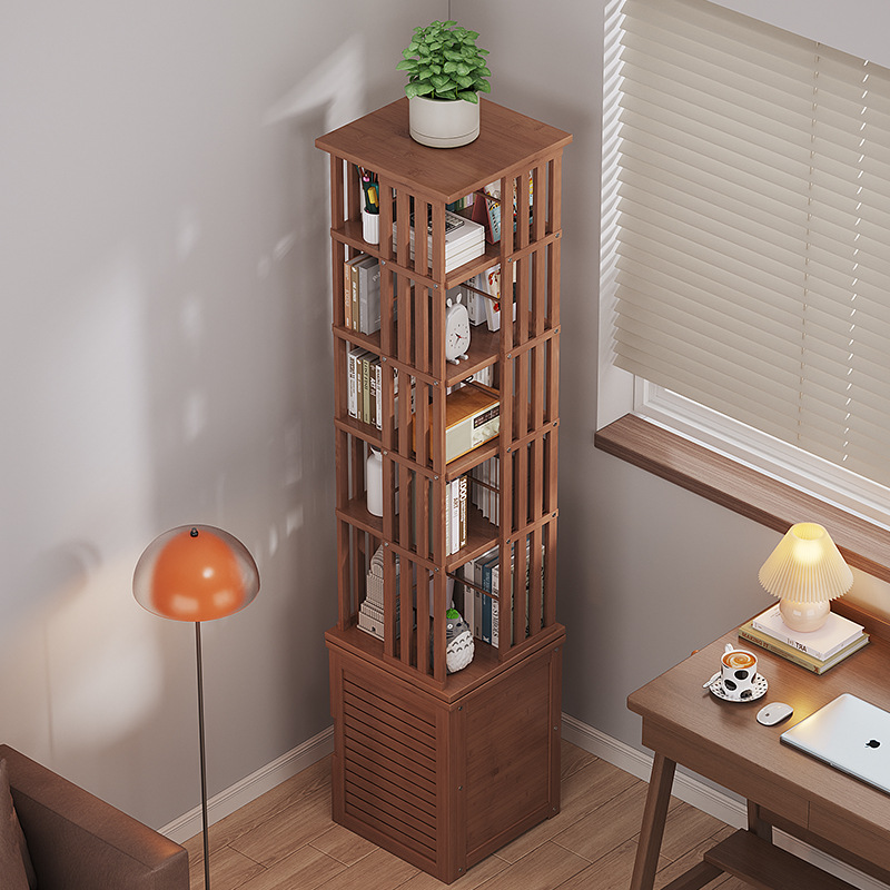 Modern and minimalistic bookcase, rotating bookshelf, storage system from natural wood, furniture