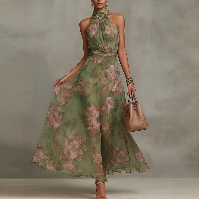 Cross-border halter neck chiffon dress for women, waist-cinching, long skirt with drape, elegant off-shoulder slimming resort-style dress Cross-border halter neck chiffon dress for women, waist-cinching, long skirt with drape, elegant off-shoulder slimming resort-style dress