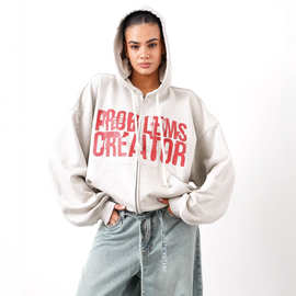 欧美街头风宽松休闲卫衣女款美式复古字母印花拉链连帽卫衣外套女