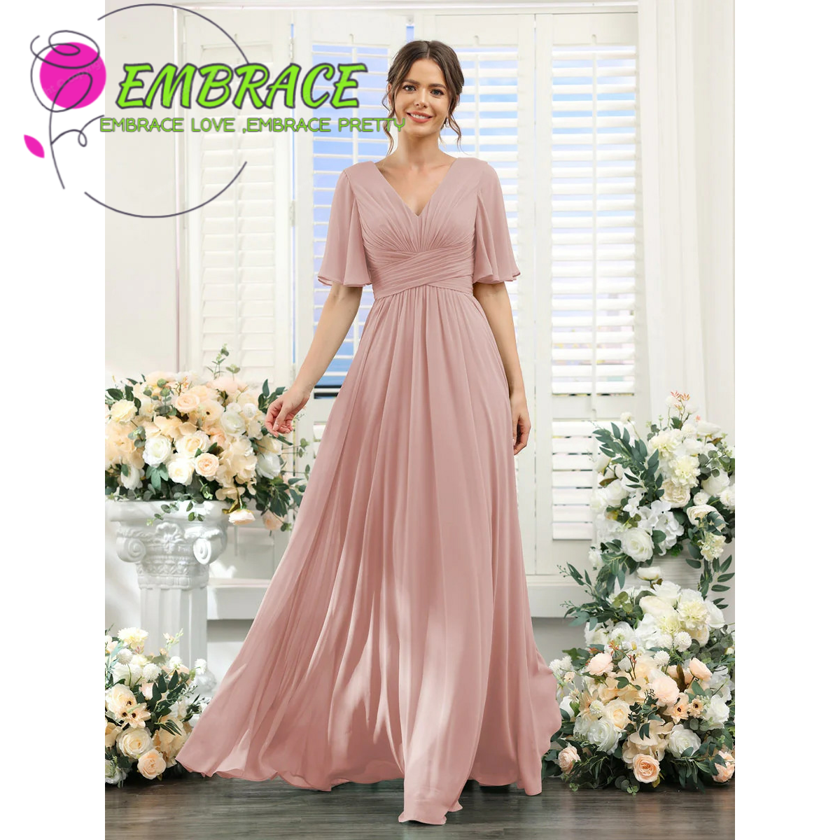 Verano nuevo vestido de noche de chiffon europeo y americano V-collar mangas mariposa novia vestido de damas de honor anfitriona de la fiesta vestido largo