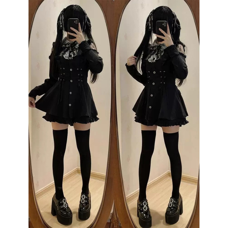 暗黑日系蕾系少女感蕾丝拼接收腰显瘦连衣裙高腰显瘦荷叶边短裙|undefined