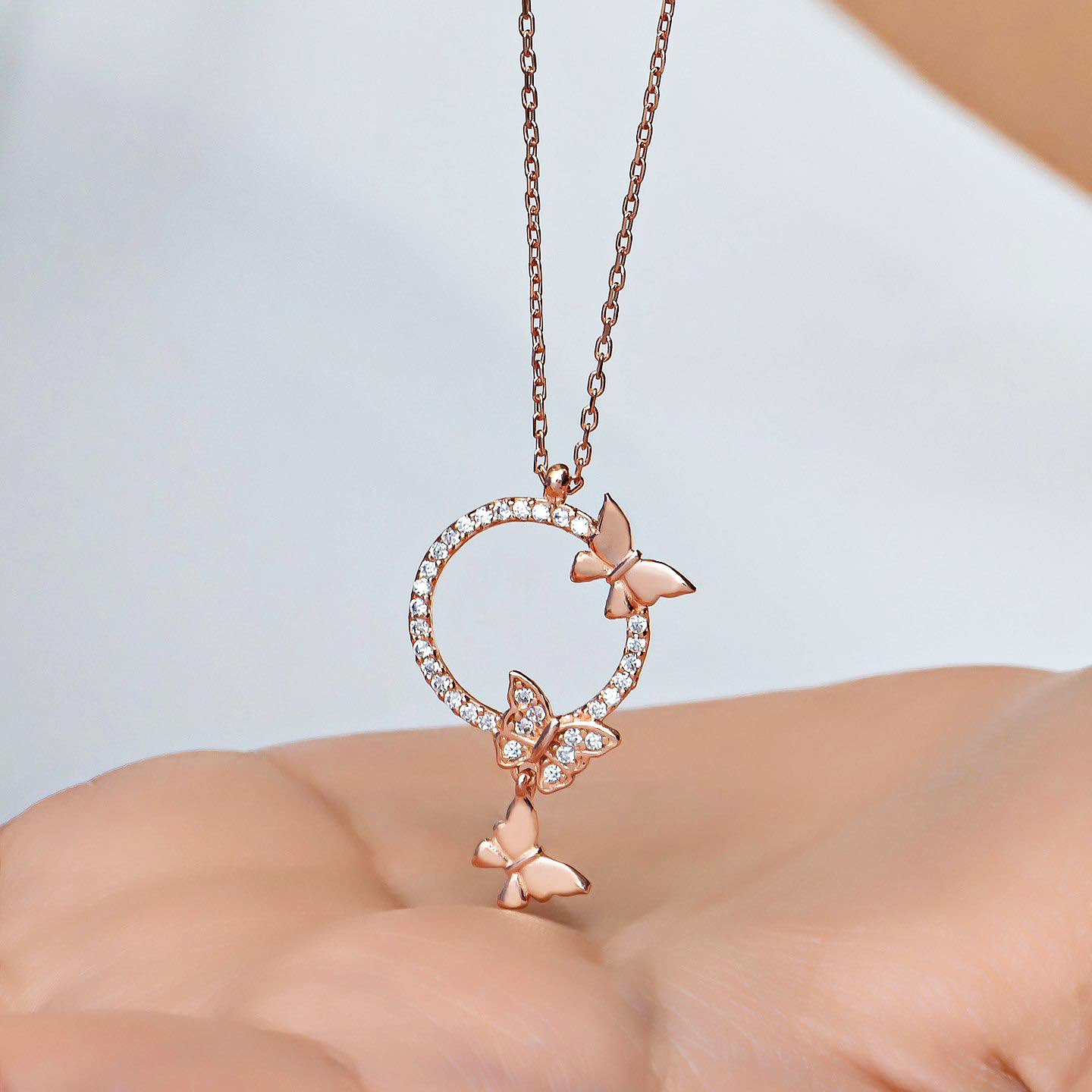 New diamond studded butterfly circular ring pendant with collarbone chain, Instagram style friendship necklace, best_voghion.com