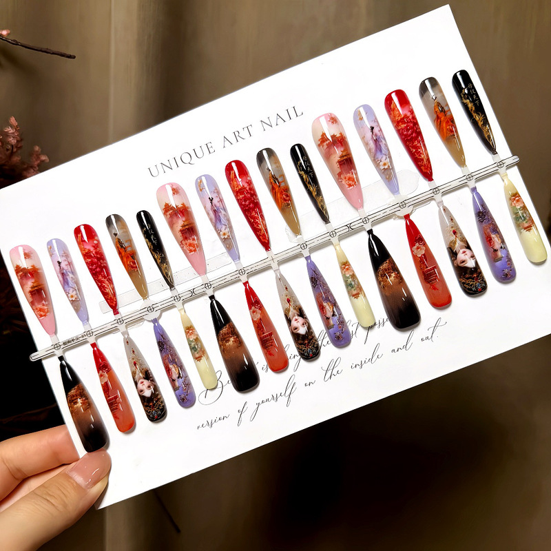 S651-Pre-made Nails: Full-Length Deep Palace Rouge Blossom Wearable Nails, Ancient Chinese Style, Luxurious and Classical, Detachable Nail Pieces S651-Pre-made Nails: Full-Length Deep Palace Rouge Blossom Wearable Nails, Ancient Chinese Style, Luxurious and Classical, Detachable Nail Pieces