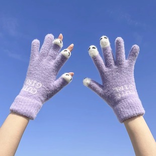 Winter New Warm Wool Knitted fleece-lined Excerpted Gloves for Women Cute Students Writing Thickened Fingers to Play with Mobile Phone
