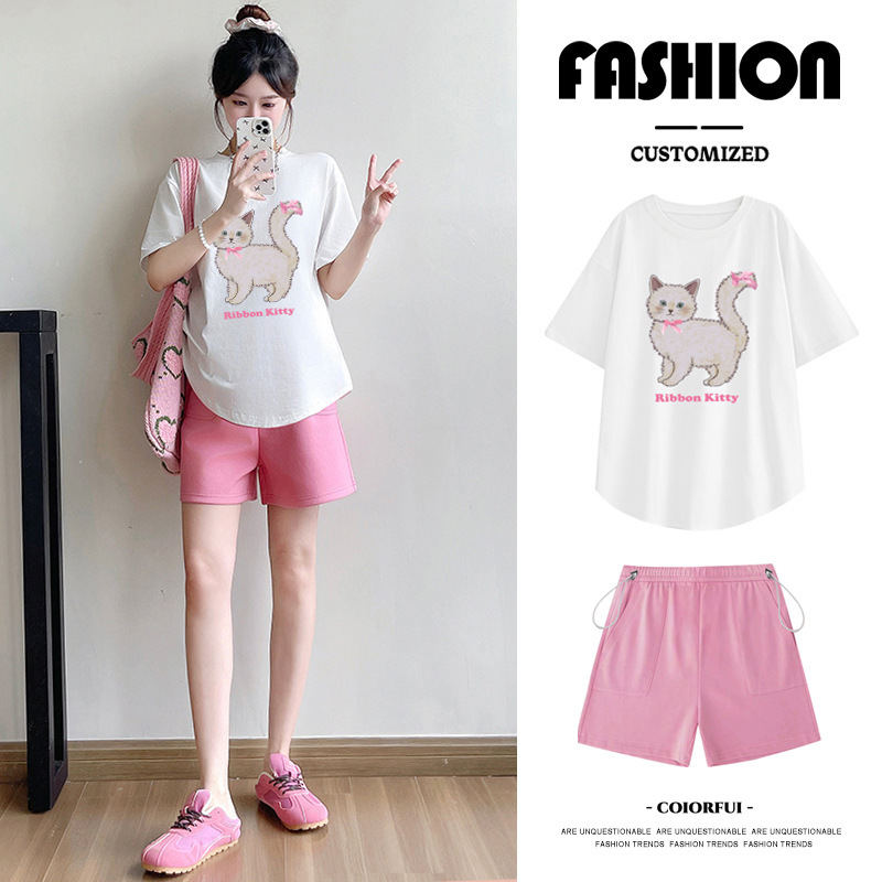 Maternity Wear Trendy Mom New Summer Outfit Petite T-Shirt Loose Plus-Size Top Fashionable Stylish Shorts Two-Piece Set