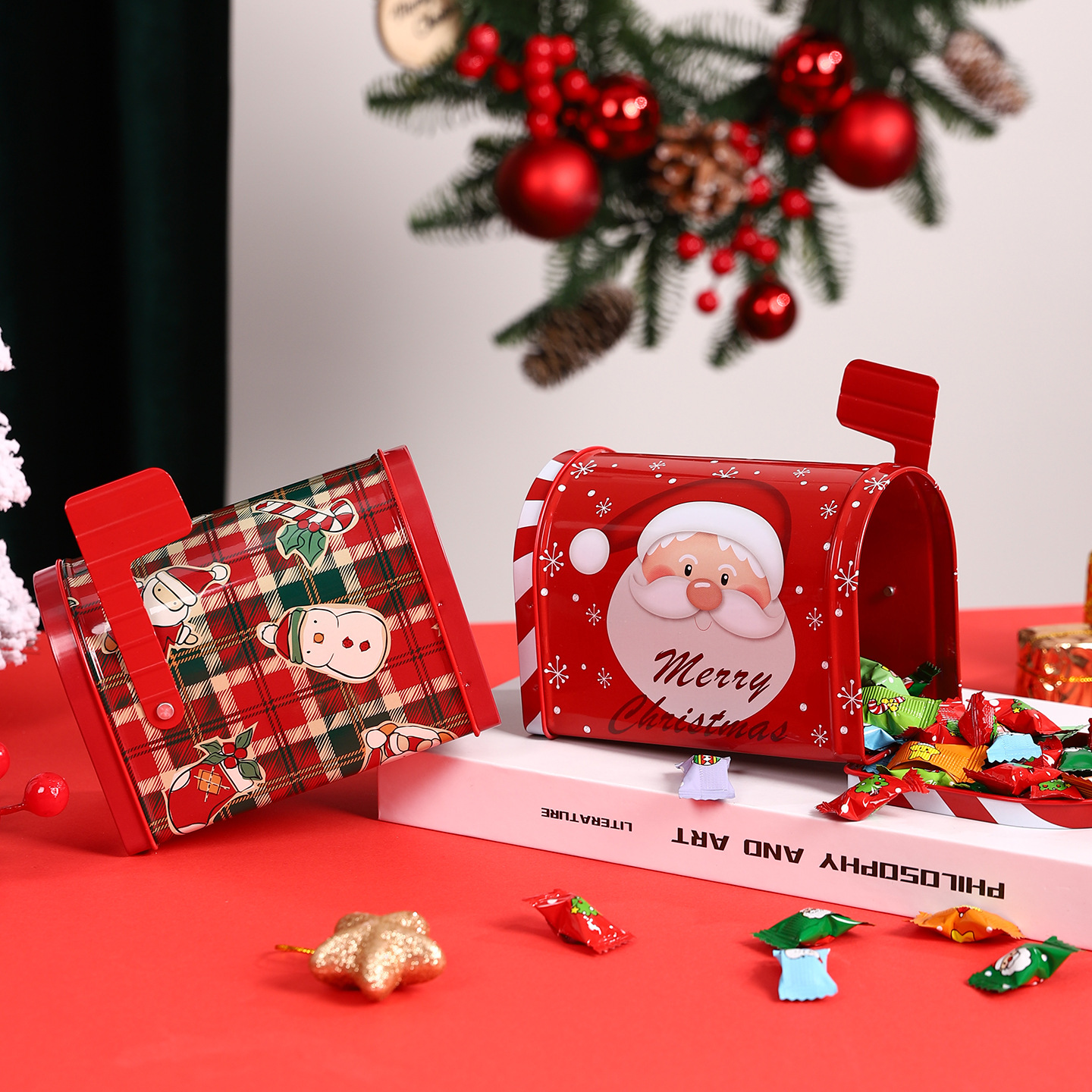 跨境新品圣诞节邮筒收纳铁盒创意马口铁圣诞礼品包装盒卡通糖果盒