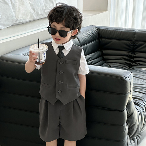 Boy's Vest Shorts Set 2024 Spring Summer New May Day Children's Performance Costume Kids' Korean Style Single Button Dress