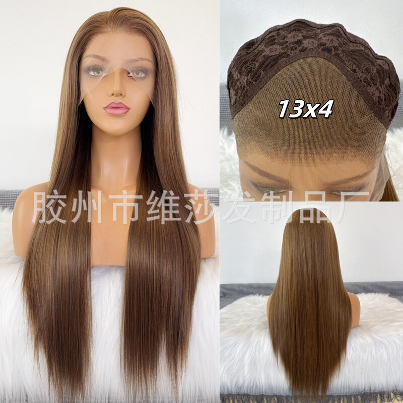 Foreign Trade Honey Gold Long Straight Hair High-End Wig Cos Full Headgear Female Hand Hook Lace Chemical Fiber High Temperature Silk Wig