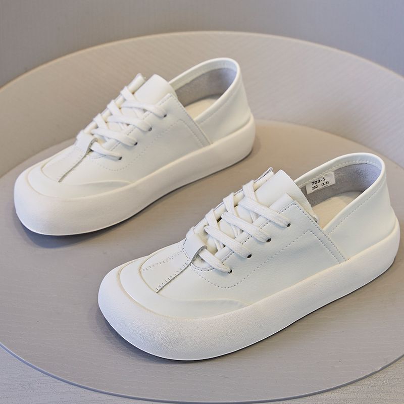 Ccvv First-Layer Cowhide Personalized White Shoes for Women with Square Toe Lace-Up Versatile Casual Sneakers for Women Soft Leather Soft Surface Flats