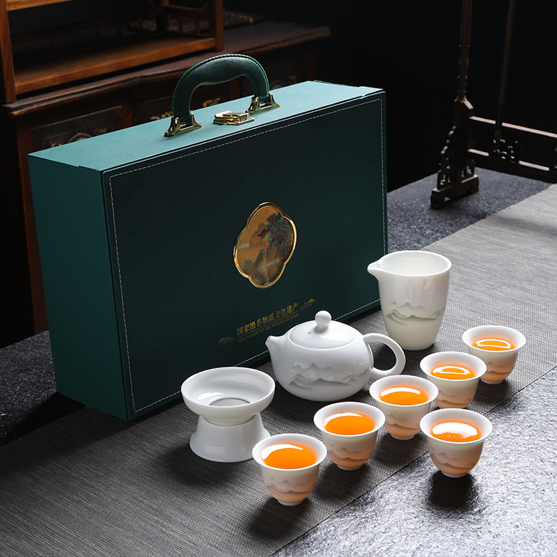 整套羊脂玉白瓷贴花茶具套装盖碗泡茶壶茶杯办公茶具礼品送客户