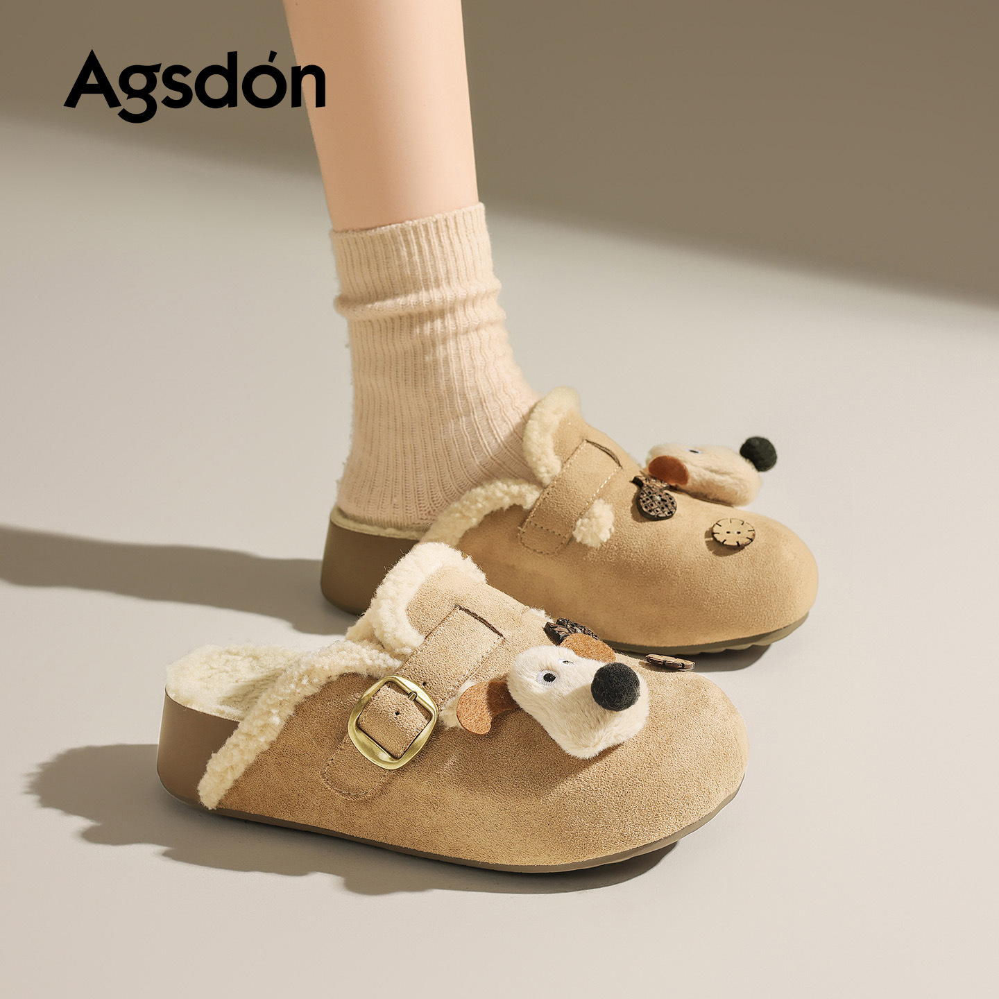 Augu Lion Dengjia veludo Bocken zapatos mujeres 2025 nuevo invierno agujero de fondo grueso agujero de cabeza media zapatillas de un pie zapatos de algodón