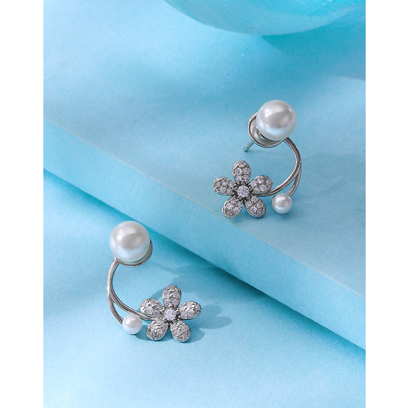 S925 plata esterlina flor perla pendientes mujeres moda simple nicho diseño de alto grado pendientes uno de dos piezas pendientes