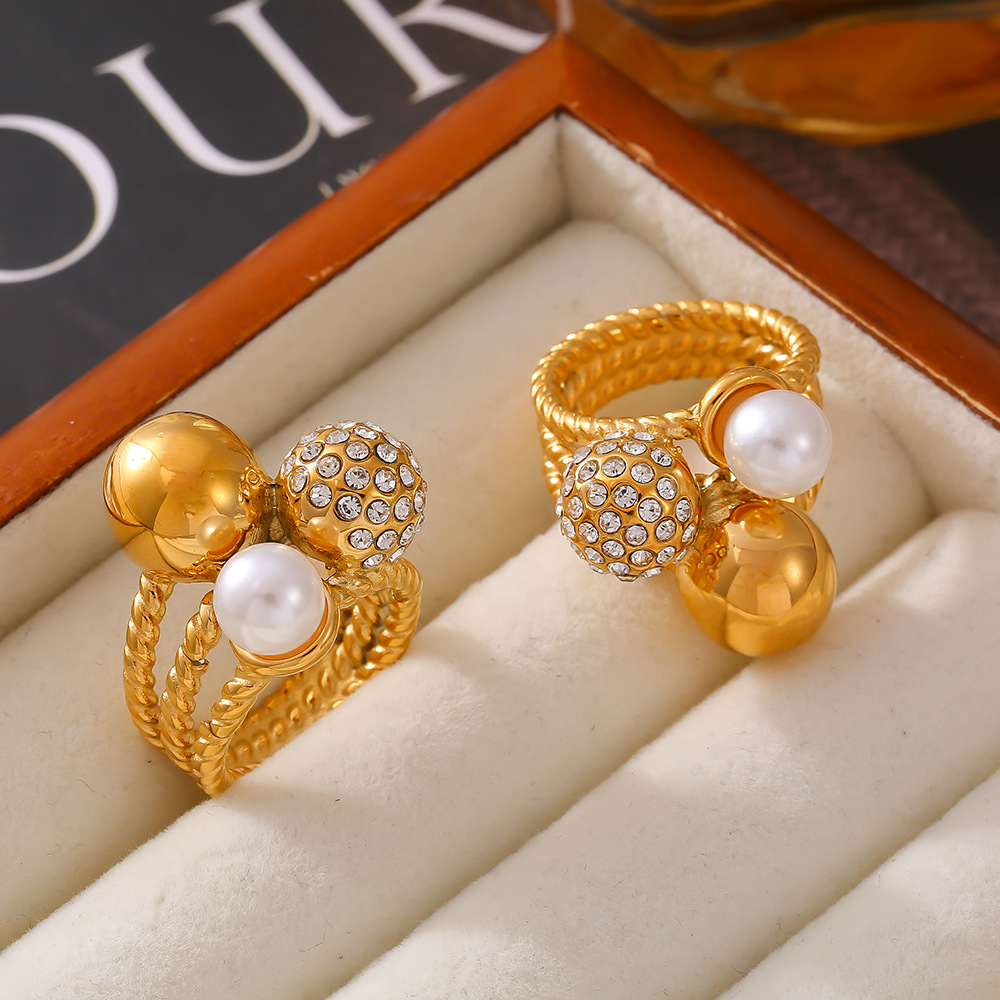 Imitation Pearl Retro Czech Diamond Round Bead Ring Titanium Steel Light Luxury Temperament Versatile Ring_voghion.com