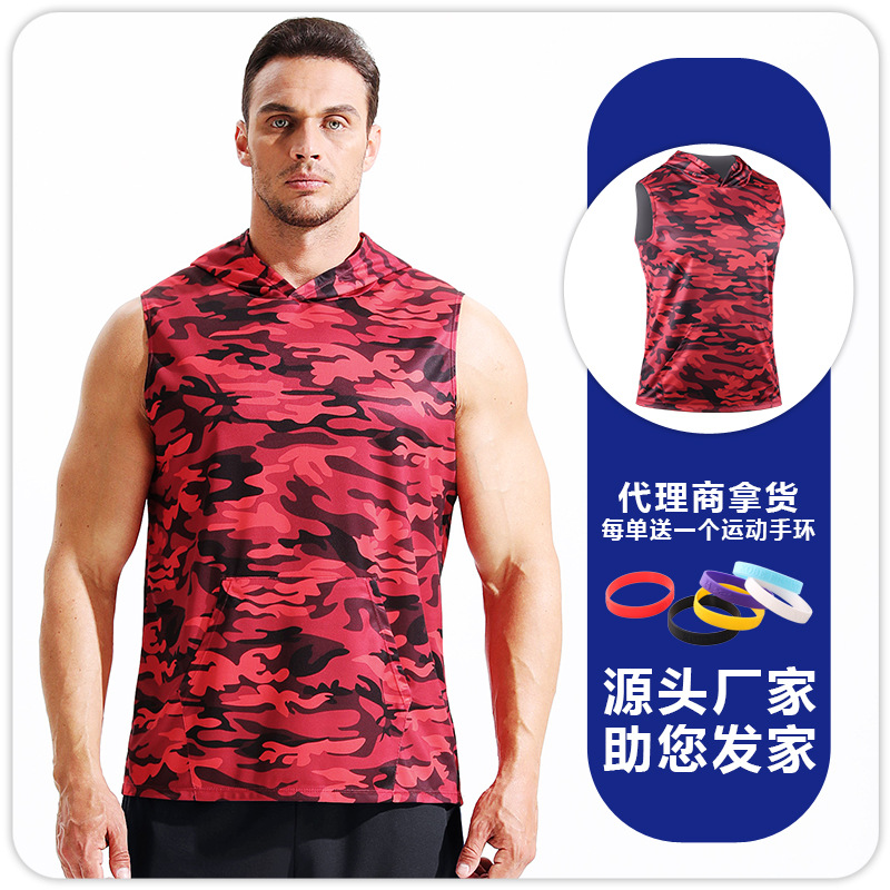 Chaleco con capucha de camuflaje para hombre, camiseta estampada transpirable de secado rápido, top sin mangas informal holgado para correr maratón image 8
