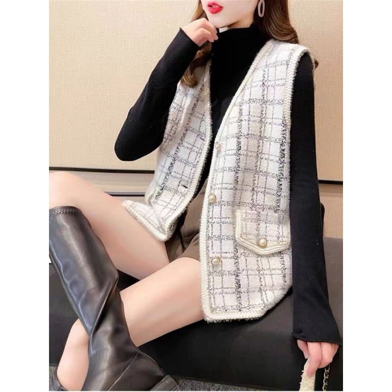 Xiaofang chaleco a cuadrícula chaqueta de mujer sin mangas para usar abrazadera de caballo imitación de agua de invierno invierno cardigan de punto image 2