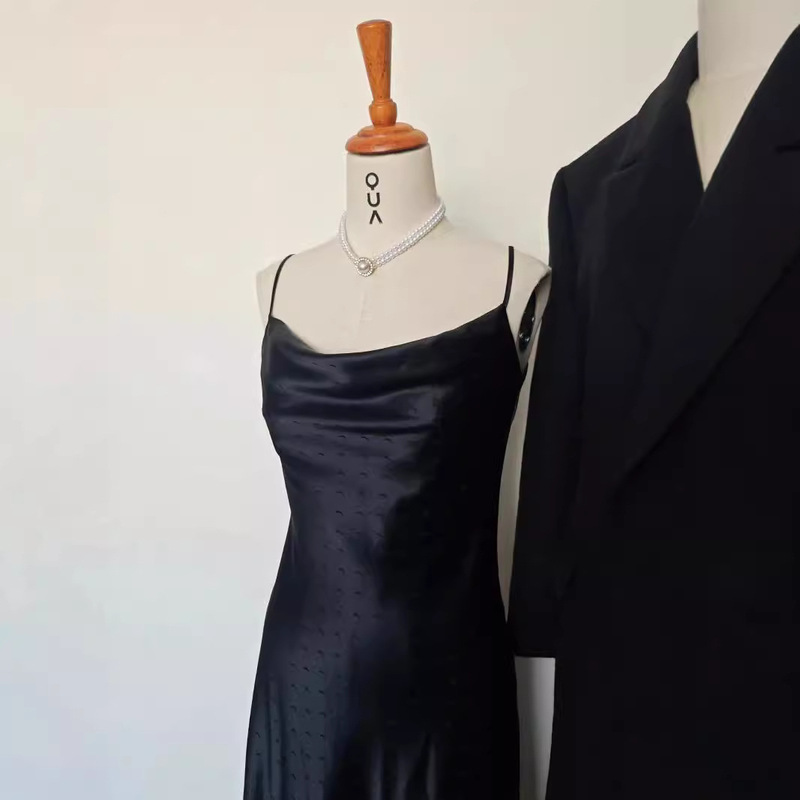 Imported Triacetate Satin dress Super Beautiful Long 45 Degree Oblique Cut Swing Neck Small Crescent Pattern Sling Long Dress