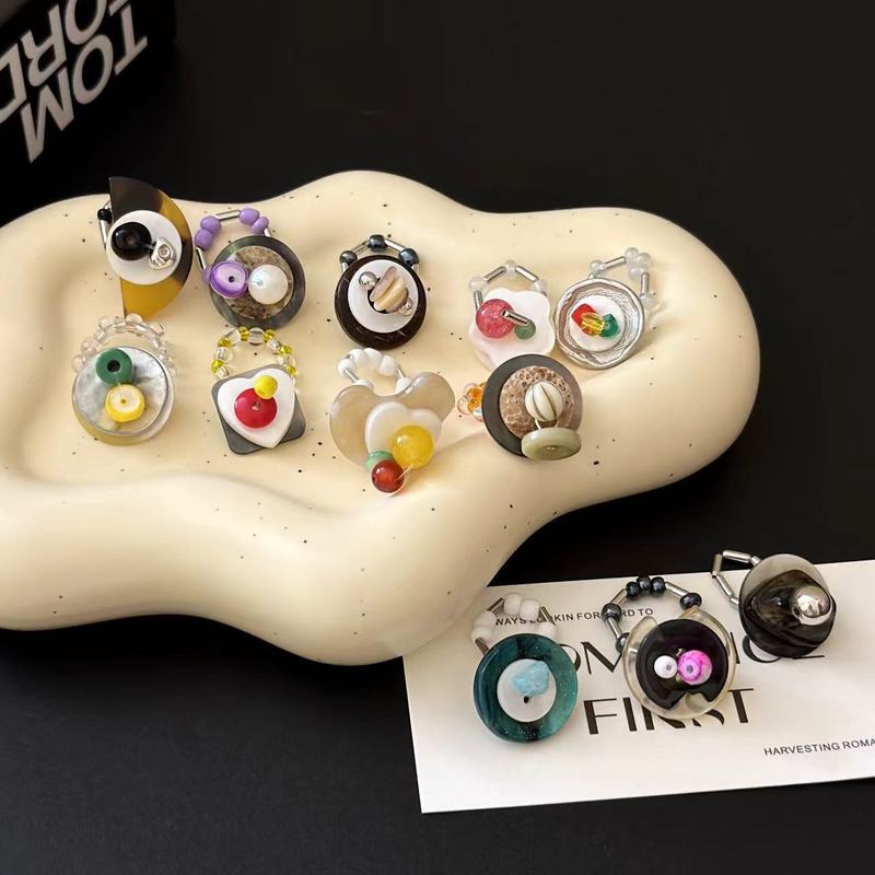 Dopamine Beaded Ring Women's Multi-element Light Luxury Niche Cute Sweet Color Retro Stretch Fingers