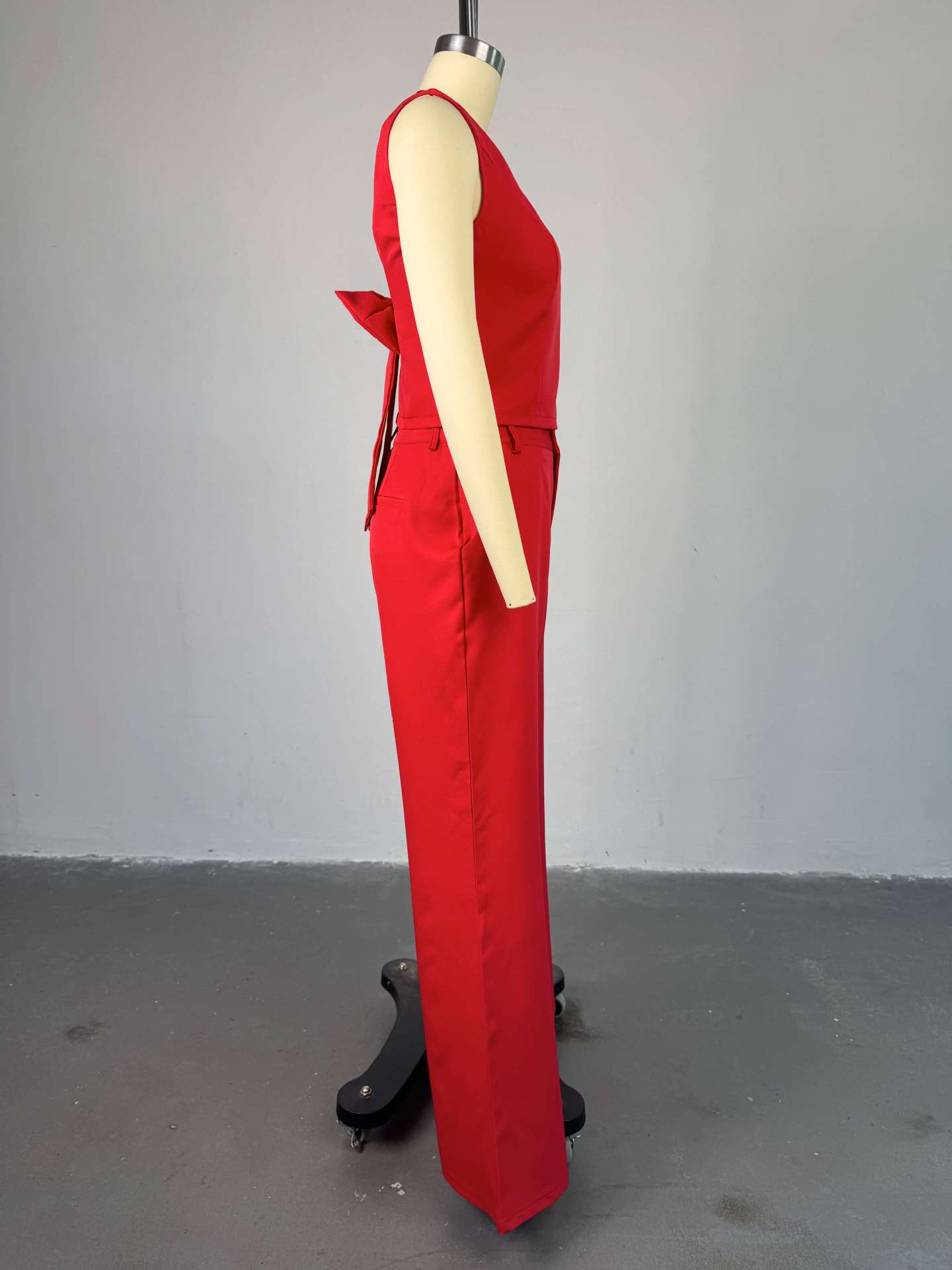 Women Clothing Spring Solid Color Backless Bow Top Wide Leg Trousers Casual Suit
