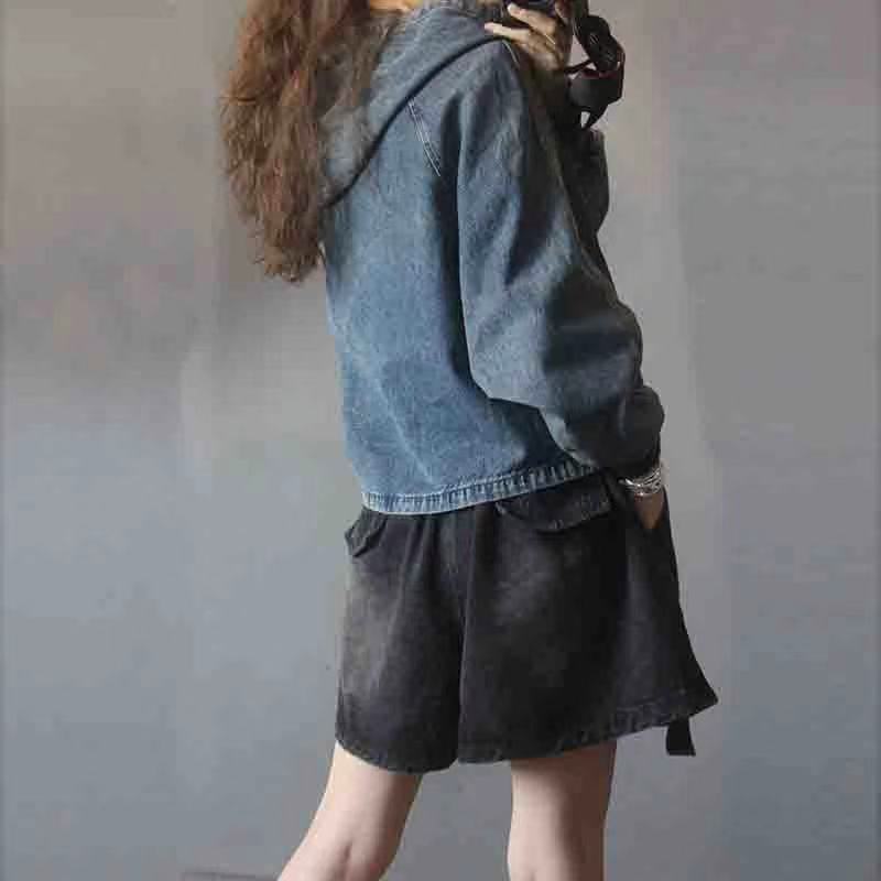 Осенний ретро деним шортсвитшот с капюшоном, oversize