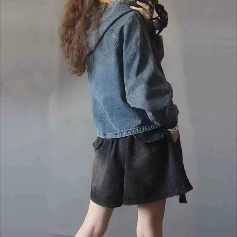 Autumn retro denim short sweatshirt with hood, oversize