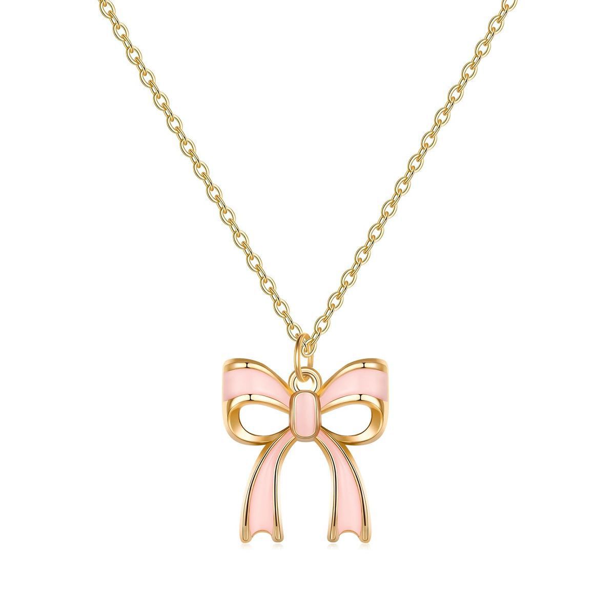Amazon Cross-Border Sweet Alloy Enamel Pink Bow Pendant Fashion Versatile Clavicle Chain Necklace
