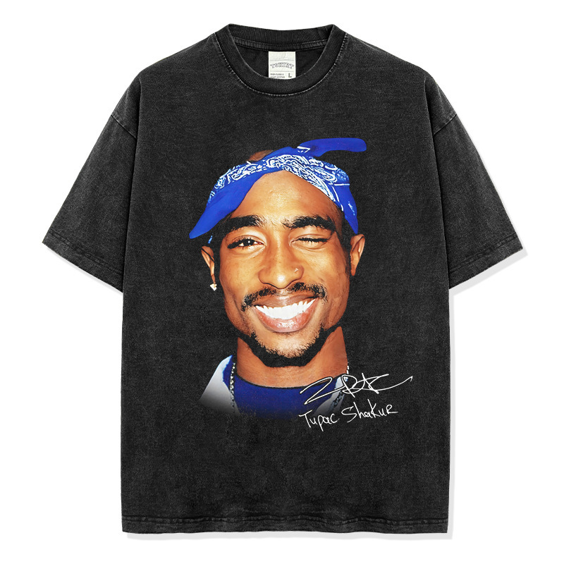 Cross-Border Retro Hip-Hop Tupac Printed T-Shirt American High Street Vintage Washed Loose Heavy Round Neck Short-Sleeved T-Shirt