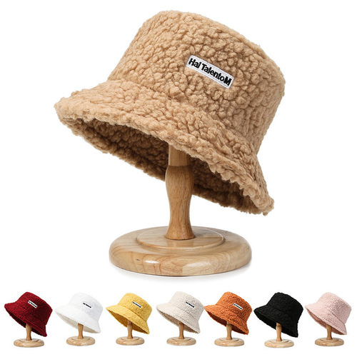 Korean Autumn/Winter Lamb Wool Warm Embroidered Letter Fisherman Hat Lamb Shear Fleece Japanese Casual Couple Simple Bucket Hat