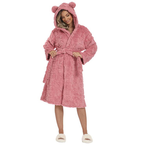 Ladies Autumn/Winter Robe and Sleepwear, Heart-shaped Flannel, Sweet and Cute Hooded Robe with Tie Belt Home Wear