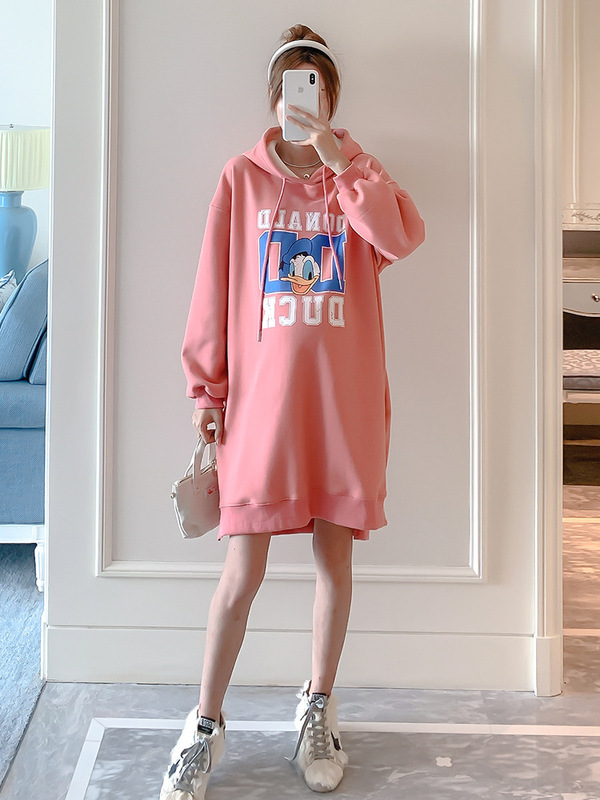 ins Style Pregnant Women's Winter Dress Mid-length Hooded Outer Wear Fleece-lined Thickened Winter Pregnant Women's Long-sleeved Sweater