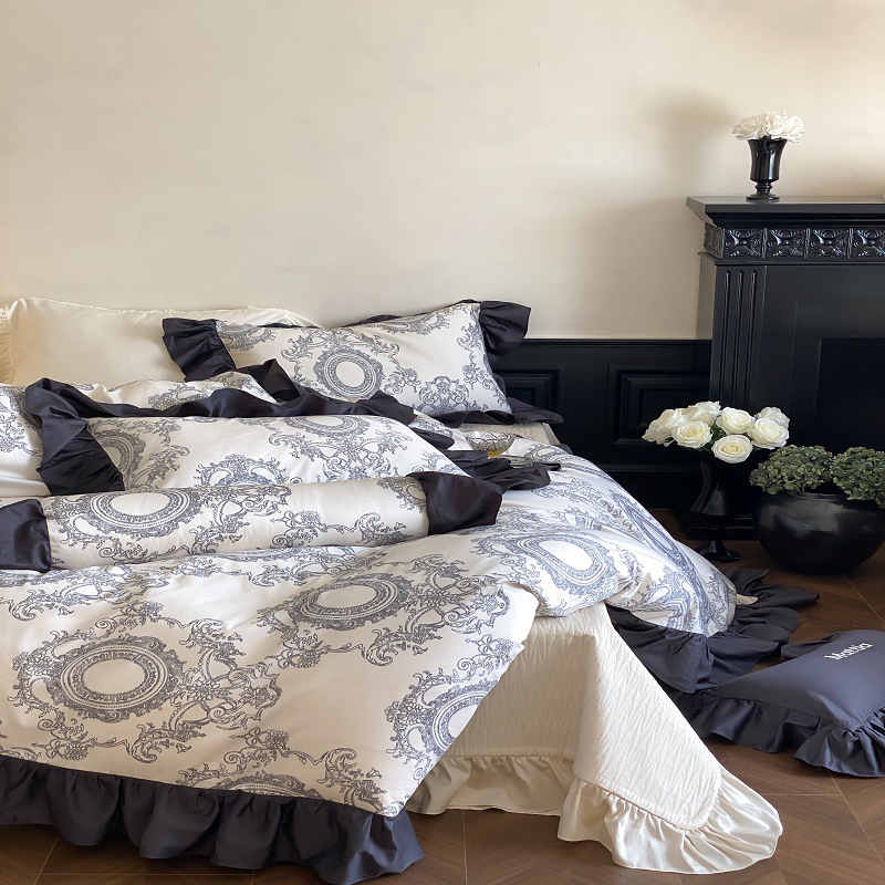 Nordic French Vintage Boho French Vintage Style 100S Digital Print Duvet Cover, Bed Sheet, Bedspread Four-piece Set, Pure Cotton Bedding Suitable_voghion.com