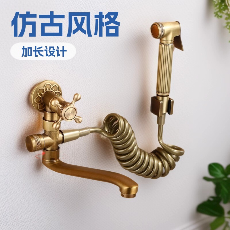 Brass Extended Mop Faucet Antique-Style Single Cold Water Outdoor Balcony Mop Sink Spray Gun Set Brass Extended Mop Faucet Antique-Style Single Cold Water Outdoor Balcony Mop Sink Spray Gun Set