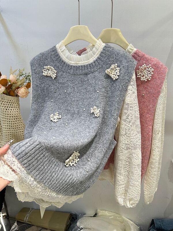 2025 Winter European Style Gentle Style Round Neck Stereo Flower Sweater Vest + Lace Shirt Two-Piece Age-Reducing Suit