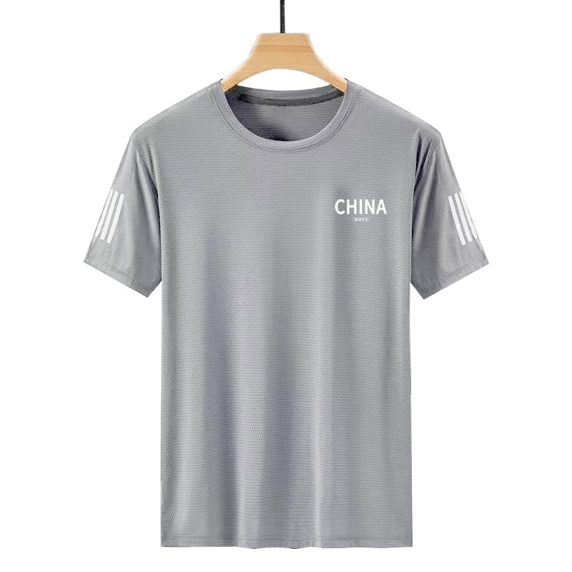 Camiseta versátil impresa malla de seda de hielo de verano adelgazante delgada camisa de cuello redondo americano de secado rápido Camiseta de manga corta estilo deportivo de los hombres