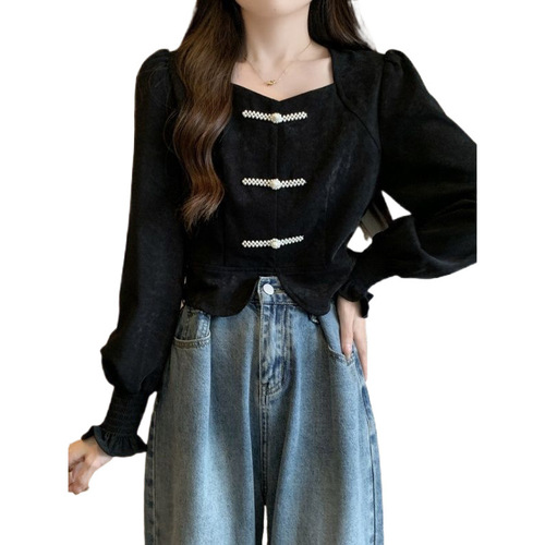 Larger size long-sleeved women's shirt for early autumn, 2025 Chinese style, national wind red, distinctive, slimming, covering the stomach, temperament top